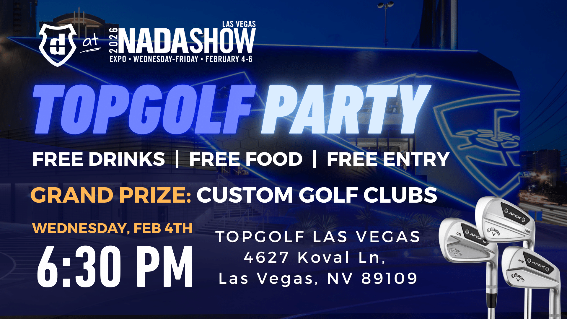 Details of a Topgolf Party at NADA 2026 with Dealers United on February 4th at 6:30PM